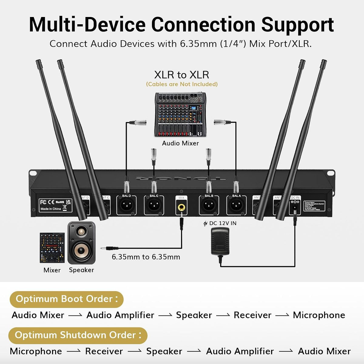 Wireless Microphones System with 4x10 Channels Metal Cordless Handheld Microfonos, TONOR 4 Antennas for 295FT UHF Range, Mics with Stable Signal Transmission for Singing Party Church Karaoke, Silver