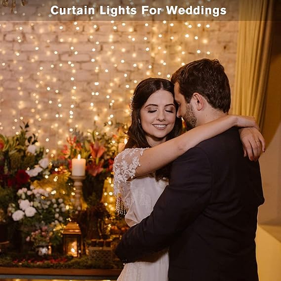 窗帘灯，卧室仙女灯，300颗暖白LED闪烁灯，8种模式，USB供电，冰柱灯串，带遥控器和定时器，适用于室内圣诞派对露台装饰（9.8 x 9.8 英尺）