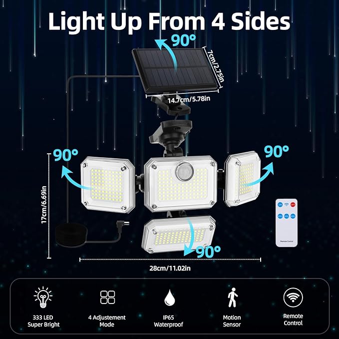 户外太阳能感应灯 - 333LED泛光灯，带人体感应功能，4灯头，7000K色温，3600流明，三种模式，带遥控器，防水，适用于车库、庭院入口、露台等场所。