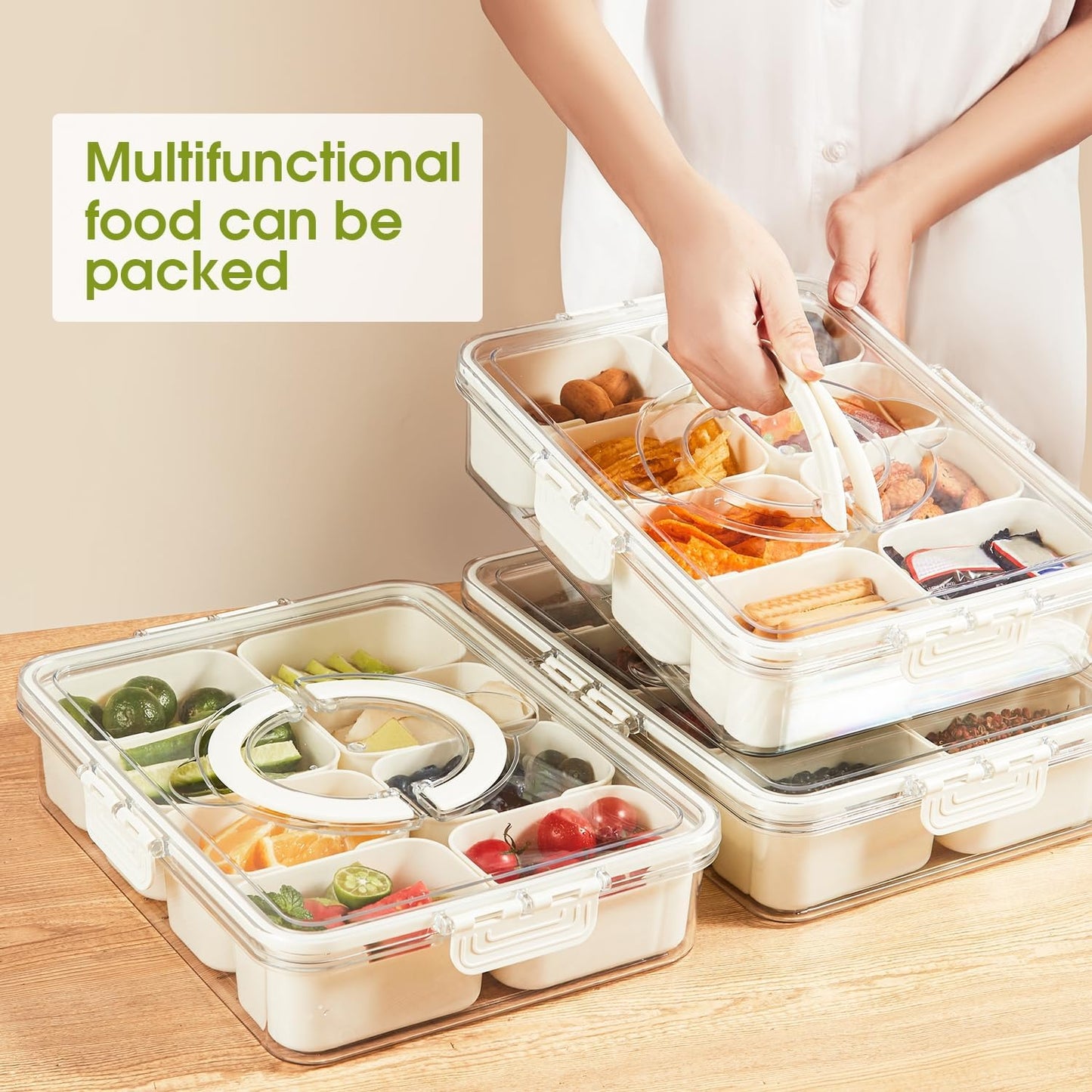 Snackle Box Container - Divided Serving Tray with Lid & Handle, Portable Snack Organizer for Candy, Fruits, Nuts, Treats - Leakproof Bento-Style Platter for Parties, Travel, Picnics