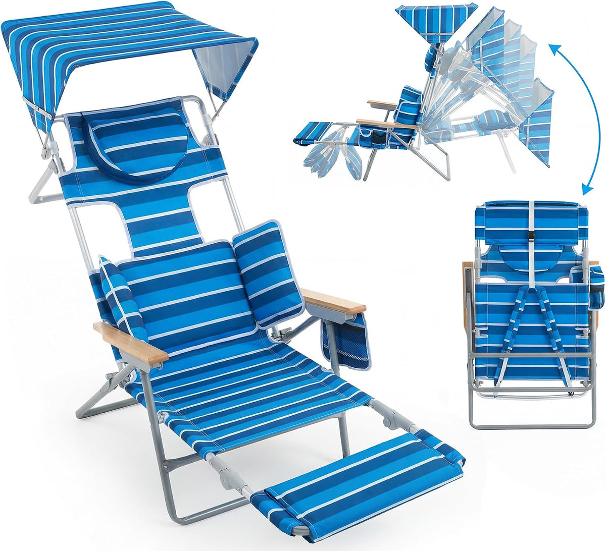 Backpack Beach Chair with Sun Canopy for Adults, Reclining Lounge Chair Tanning Chair with Face Hole and Cup Holder, 5-Position Foldable Camping Chair for Beach, Pool, Patio, Camping, Blue&White