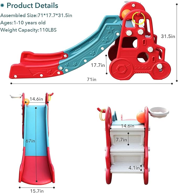 Ealing Baby 3-in-1 Toddler Climbing Slide with Basketball Hoop Red and Blue