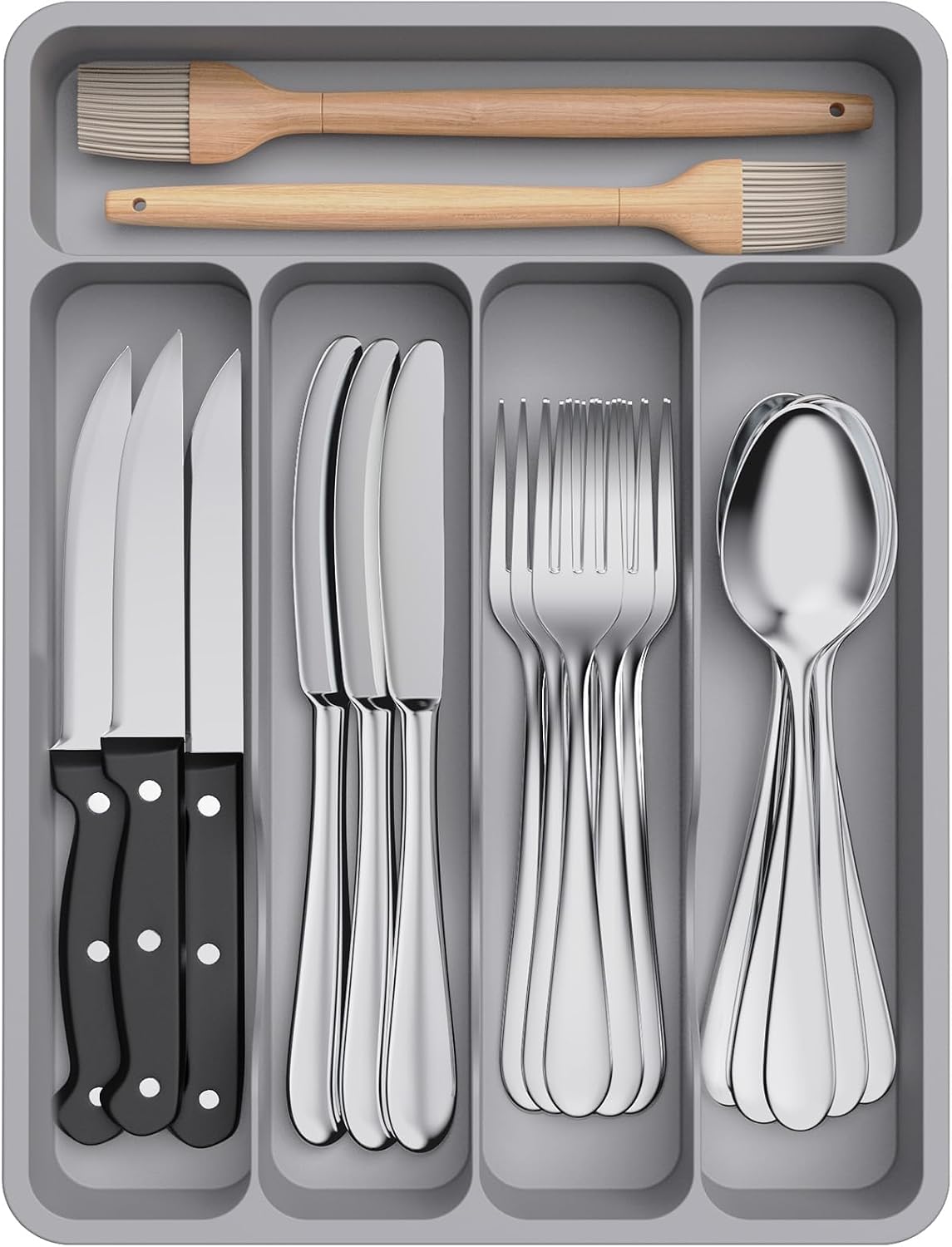 Small Cutlery Organizer for Kitchen, Expandable Cutlery Rack, Silverware Drawer Organizer and Utensil Holder Divider for Spoons Forks Knives Tableware, 5 Compartment, Gray