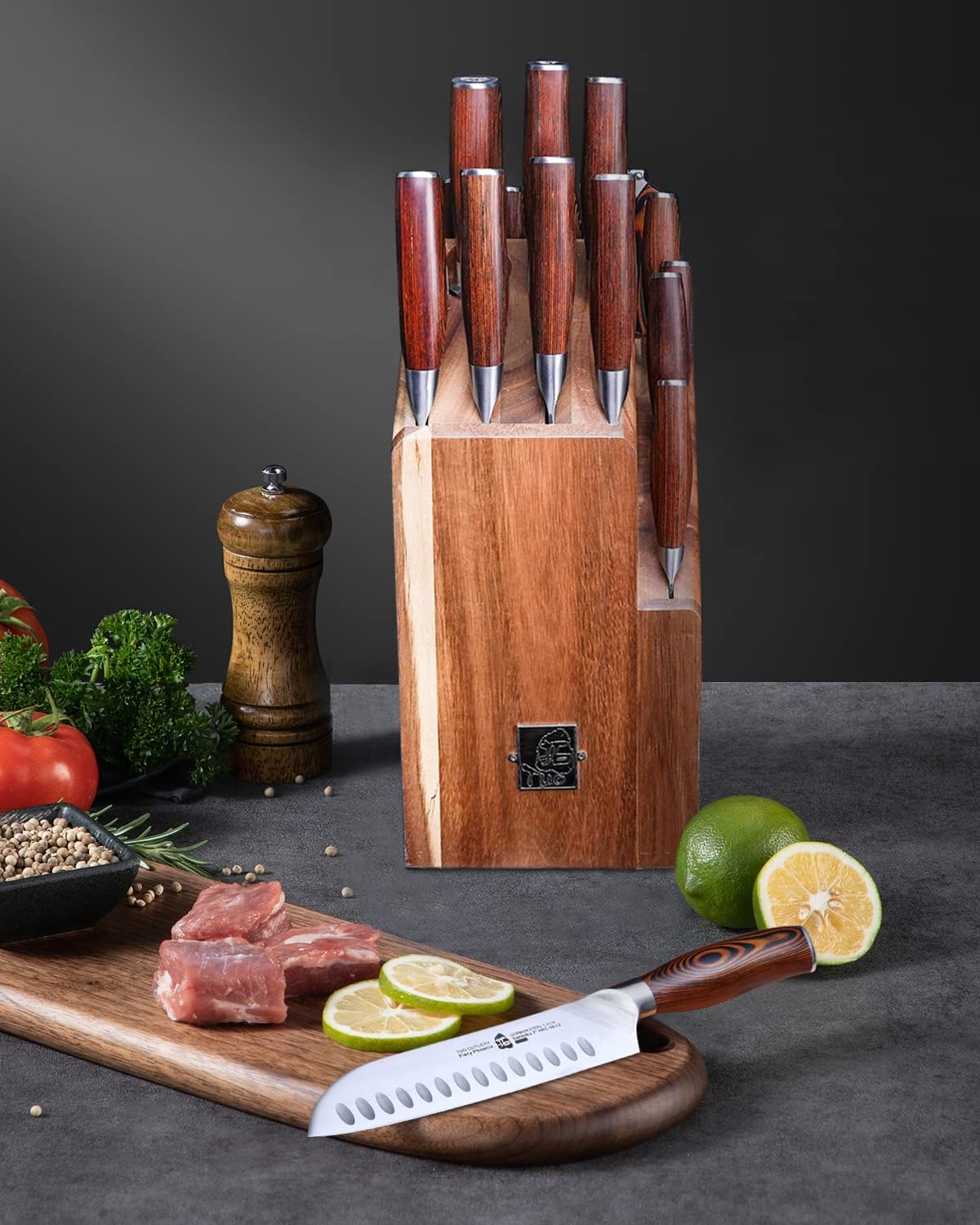 TUO 17 PCS Kitchen Knives Set - Kitchen Block Set with Steak Knife - German X50CrMov15 Steel Blade - Full Tang Pakkawood Handle - Gift Box Included - Fiery Series
