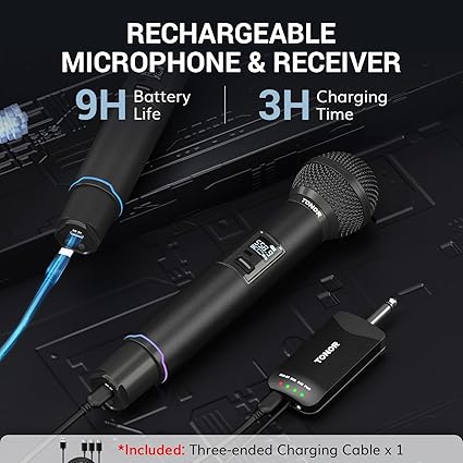 TONOR TW720 Rechargeable Karaoke Microphones, Metal Professional Dynamic Microphone System with Receiver, UHF Dual Channel Handheld Cordless Microphone for Wedding, Karaoke, Church, Singing, DJ, Black