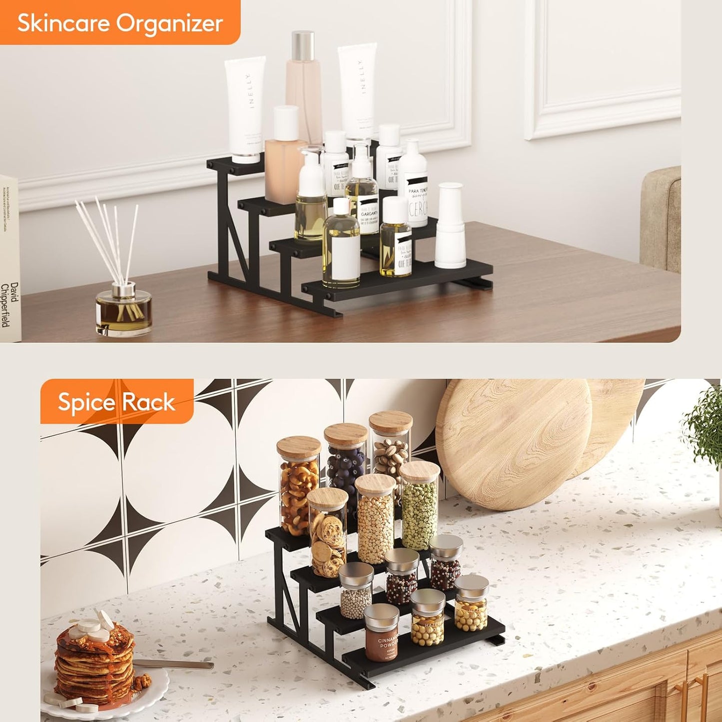 Lifewit 4-Tier Wooden Dispaly Riser with Metal Stand, 9.8 Inch Step Cologne Stand, Perfume Organizer, Display Shelf for Fragrance, Skincare, Figurine, Spice, Tabletop, Cabinet, 1 Set, Rustic Brown