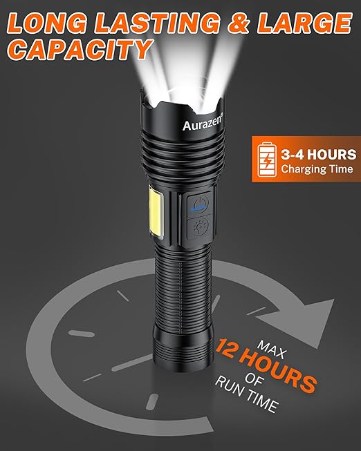 Aurazen Rechargeable Flashlights-High Lumens Flashlight, Super Bright led Flashlight with 7 Modes & COB Light, IP67 Waterproof Powerful Handheld Flash Light for Home, Camping, Emergencies