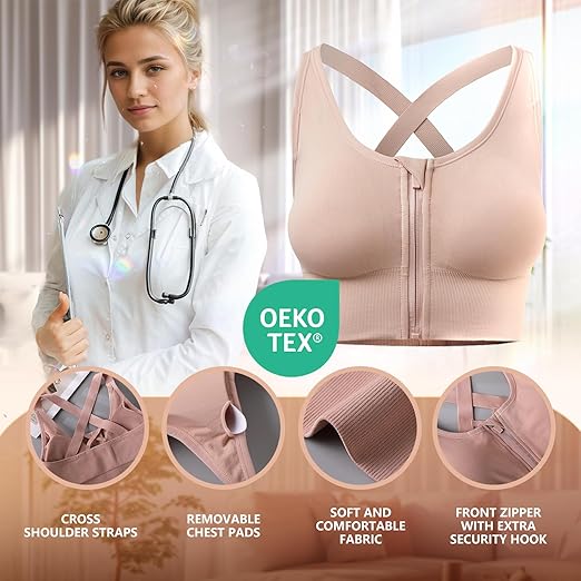 newnice Zip Front Push Up Sports Bras Women's Post-Surgery Bra for Gym Yoga Mastectomy - Wide Straps Wireless Medium Support