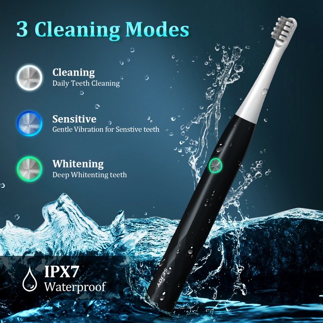 Sejoy Rechargeable Toothbrush Electric with 4 Tooth Heads,for Adults and Kids,Power Sonic Tooth Brush Soft Cleaning,3 Modes ,Smart Timer for Home Travel,Gift,Black