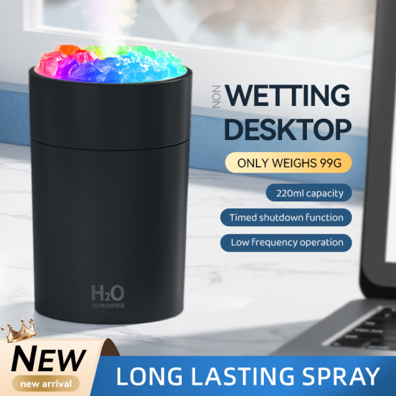 Black Crystal-Top Mini Desktop Humidifier with Colorful Night Light – 220 mL