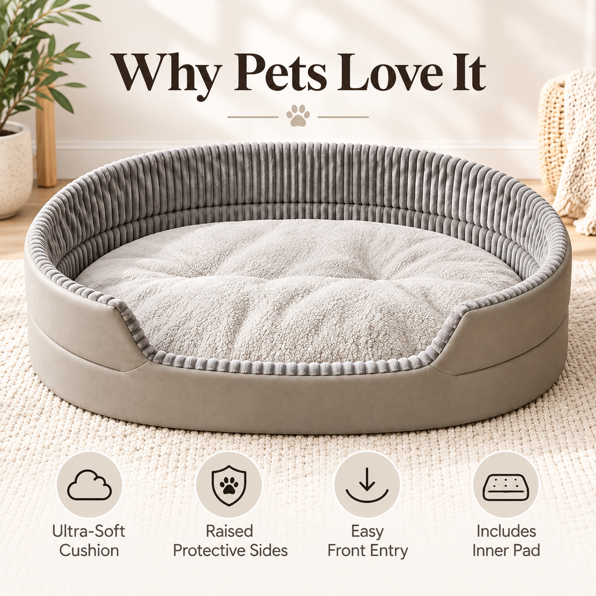 Cozy Oval Dog Bed with Soft Cushion – Raised-Side Pet Sofa Bed for Small & Medium Dogs, Large & XL