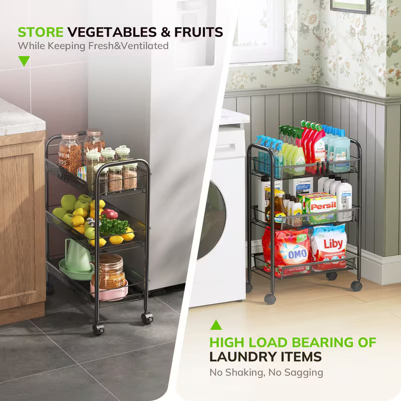 3-Tier Metal Rolling Utility Cart with Wheels & 4 Hooks – Mesh Storage Trolley for Kitchen, Bathroom & Laundry, Black