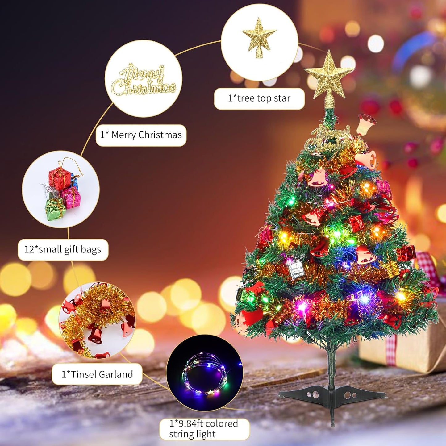 Mini Christmas Tree, 2ft Tabletop Christmas Tree Small Christmas Tree with Lights, Hanging Ornaments and Star Treetop, Christmas Decoration Tree Decor