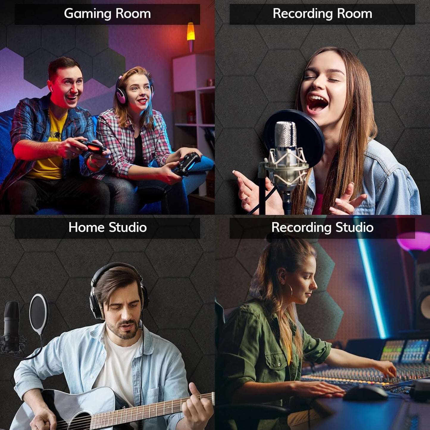 TONOR 18 Pack Sound Proof Panels with Self-adhesive, High Density Hexagon Acoustic Wall Panels, Soundproofing Panels for Recording, Podcasting, Home Office, Streaming, 12"x 10"x 0.4", Black