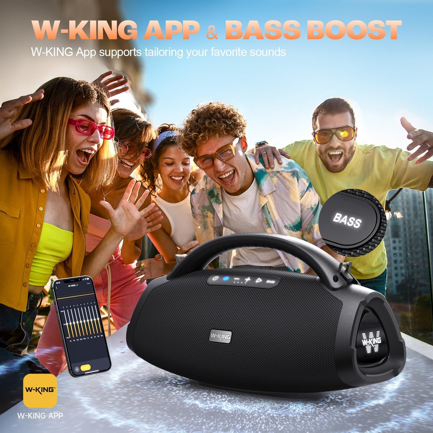 W-King Bluetooth Speaker X20, 330W Peak 200W RMS Portable Wireless Speaker with 7.5" Subwoofer, 40Hz Massive Bass, EQ APP, 2.1Ch, IPX7, BT5.4, Stereo Pairing, OTG, Boom Box for Party, Outdoor, Beach