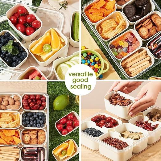 Snackle Box Container - Divided Serving Tray with Lid & Handle, Portable Snack Organizer for Candy, Fruits, Nuts, Treats - Leakproof Bento-Style Platter for Parties, Travel, Picnics