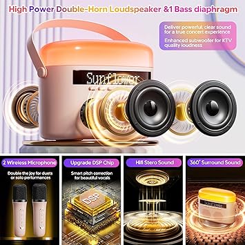 Karaoke Machine for Kids & Adults with 2 Wireless Mics 2400mAh Portable Bluetooth Karaoke Speaker with Timer White Noise & Night Light High Power Dual Speaker LED Display Home & Outdoor Party