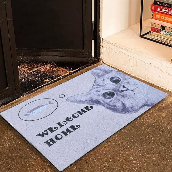 W&M Welcome Door Mat Cute Kitty Waterproof Entrance Entry Doormat for Indoor Outdoor Washable Front Porch Rug with Non Slip Rubber Back Low Profile Floor Easy Clean-Welcome Cat Design-Beige
