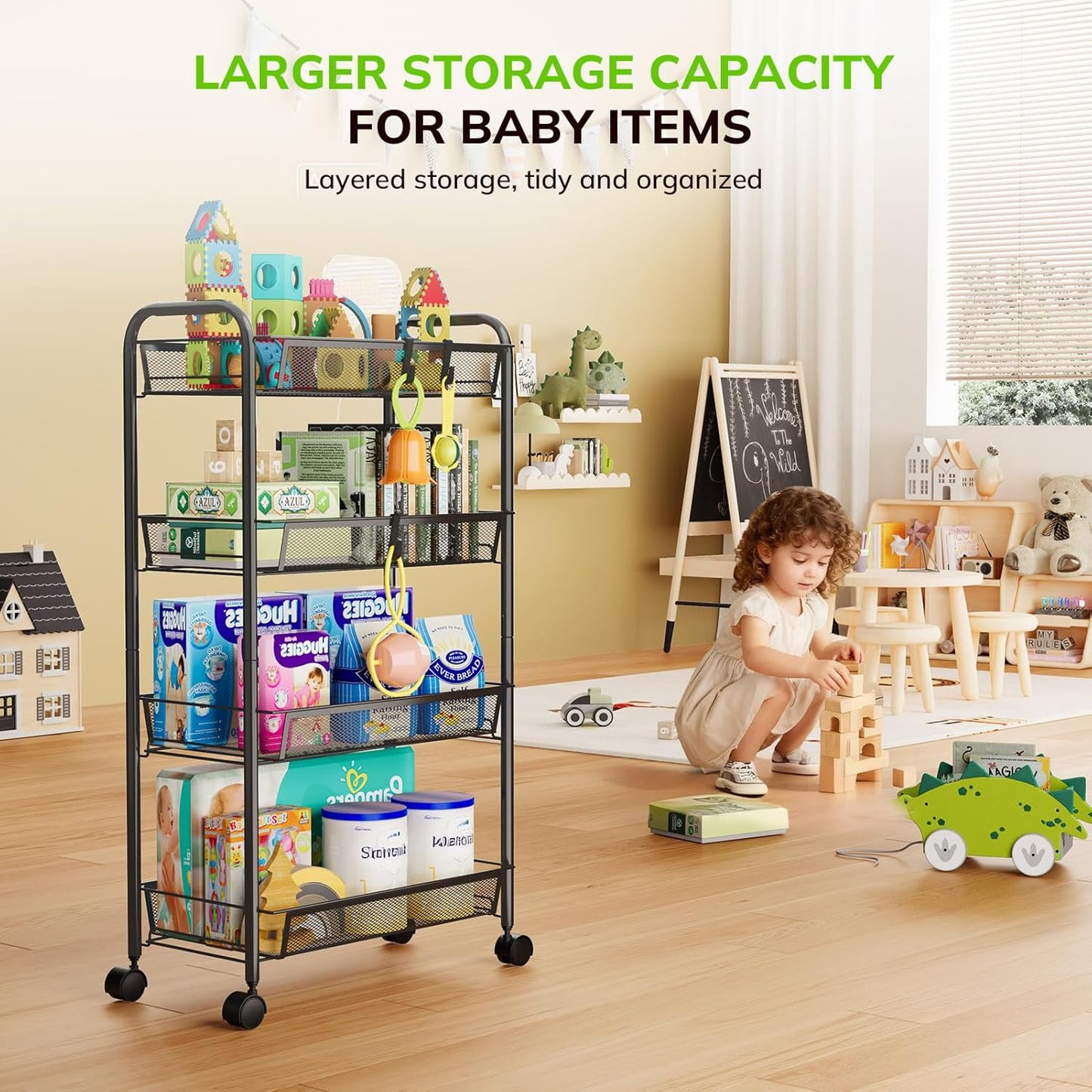 Goovilla 4-Tier Metal Rolling Cart, Mesh Wire Easy Assemble Utility Cart, Storage Trolley on Wheels with 4 Hooks, Metal Storage Shelving Units for Kitchen Bathroom Laundry Living Room, Black