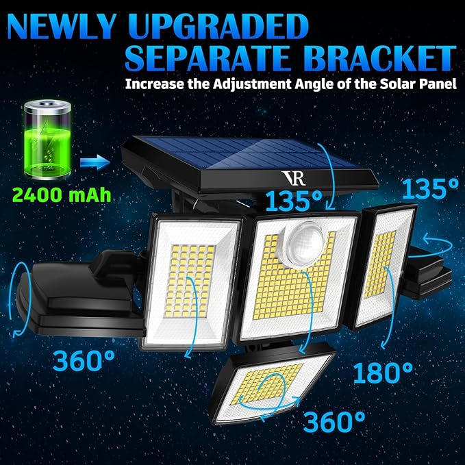 VENSSTNOR Solar Motion Sensor Flood Lights Outdoor - 496LEDs 3500LM 3 Lighting Modes 3 Levels Brightness, 6 Heads 360° Illumination, IP65 Solar Security Lights,for Porch Yard Patio Garage(2 Packs)