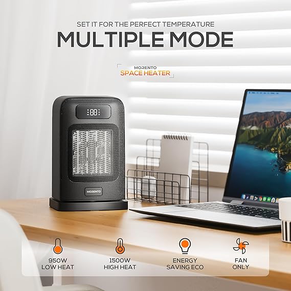 MORENTO Space Heaters for Indoor Use, 1500W Electric Heater, Desk Heater with Heating and Fan Modes in Office with Thermostat, Small Space Heaters for Bedroom and Indoor Use