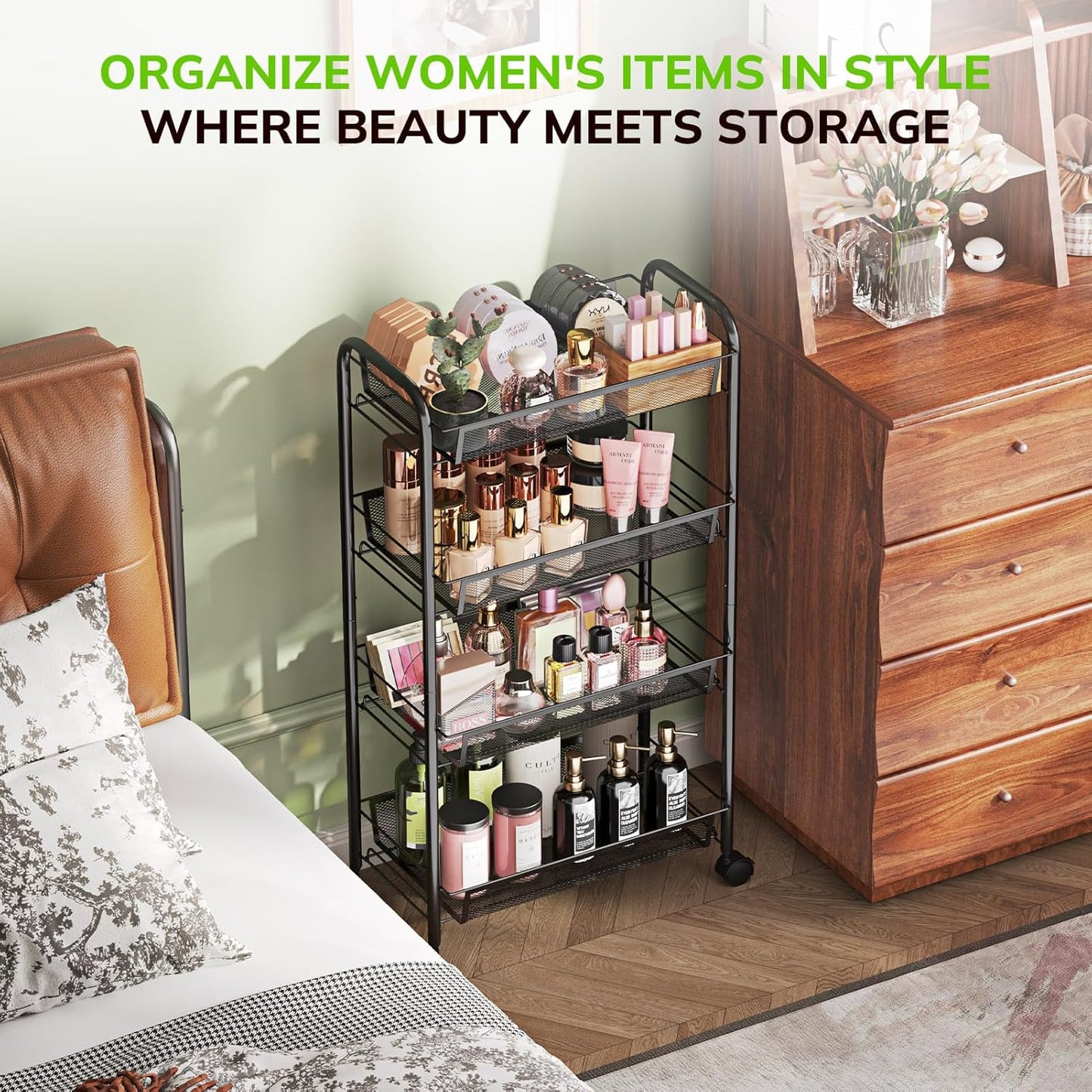 Goovilla 4-Tier Metal Rolling Cart, Mesh Wire Easy Assemble Utility Cart, Storage Trolley on Wheels with 4 Hooks, Metal Storage Shelving Units for Kitchen Bathroom Laundry Living Room, Black