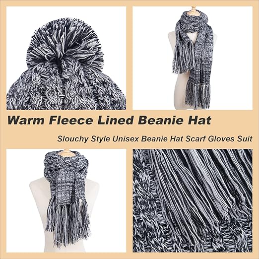 Women's Warm Beanie Hat 3 in 1 Warm Long Scarf and Touchscreen Glove Set Winter Thick Chunky Knitted Pom Cap