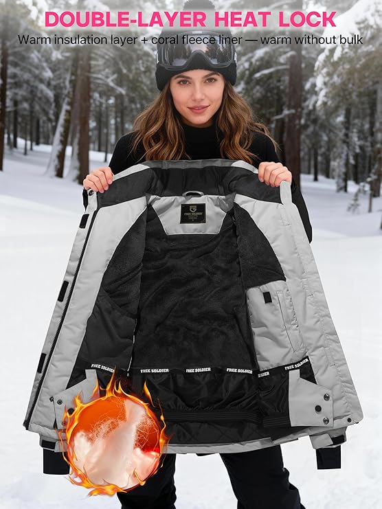 FREE SOLDIER Women's Waterproof Ski Snow Jacket Fleece Lined Warm Winter Rain Jacket with Hood