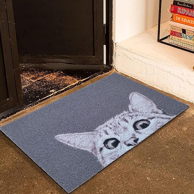 W&M Welcome Door Mat Cute Kitty Waterproof Entrance Entry Doormat for Indoor Outdoor Washable Front Porch Rug with Non Slip Rubber Back Low Profile Floor Easy Clean-Welcome Cat Design-Grey