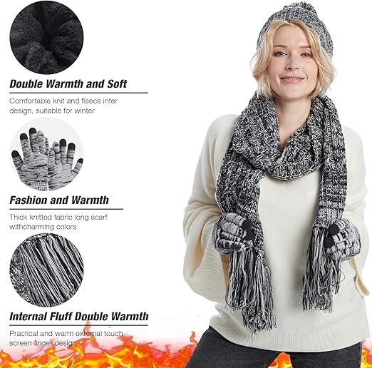 Women's Warm Beanie Hat 3 in 1 Warm Long Scarf and Touchscreen Glove Set Winter Thick Chunky Knitted Pom Cap
