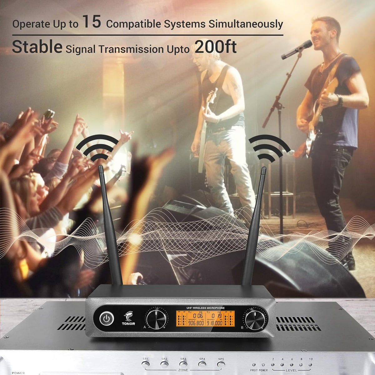 TONOR Wireless Microphone, Metal Dual Professional UHF Cordless Dynamic Handheld Mic System for Instrument Performance, Home Karaoke, Meeting, Party, Church, DJ, Wedding, Home KTV Set, 200ft(TW820)