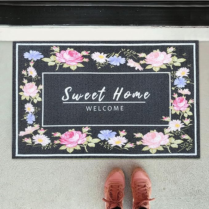W&M Welcome Door Mat Waterproof Entrance Doormat Indoor and Outdoor Washable Entry Rug with Non Slip Rubber Backing Low Profile Floor Mat Easy Clean-Welcome Garden Design-Black/Beige