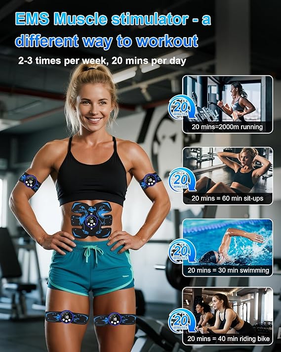 Click to see full view EMS Muscle Stimulator, ABS Trainer, Abdominal Muscle Toner Electronic Workout Home Fitness Device with 8 Modes,29 Intensities,4 Machines,4 Patches,12 Gel,For Abdominal/Arm/Leg/Hip Training