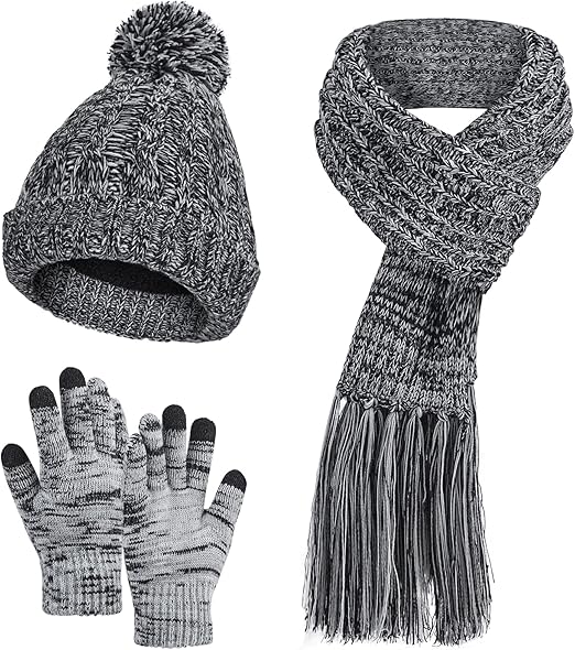Women's Warm Beanie Hat 3 in 1 Warm Long Scarf and Touchscreen Glove Set Winter Thick Chunky Knitted Pom Cap