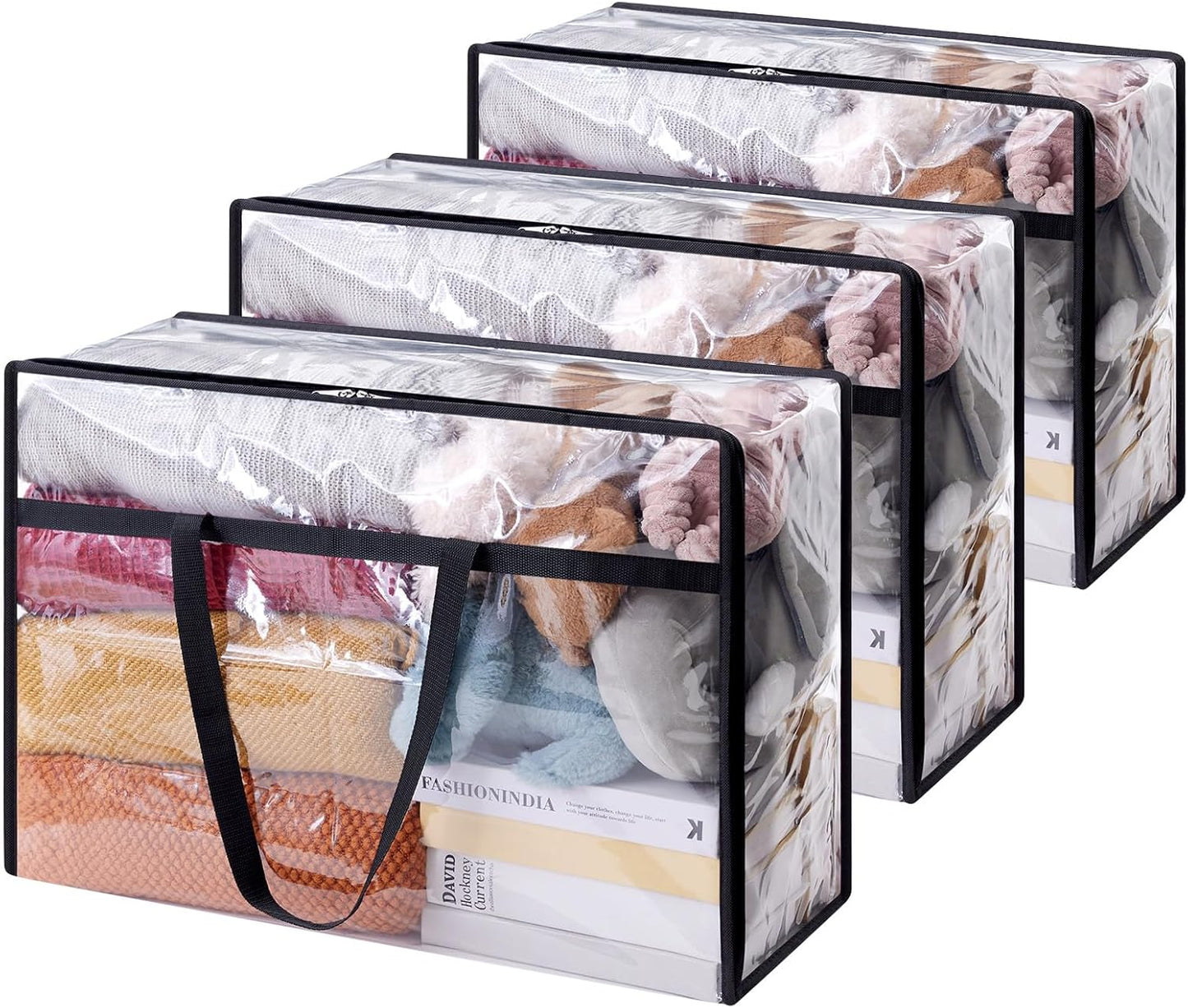 Lifewit 3 Pack Clear Clothes Storage Bags, 60L Plastic Blanket Storage Bags, Vinyl Foldable Moving Bags with Zipper, Closet Organizers and Storage Containers for Bedding, Duvet, Comforter