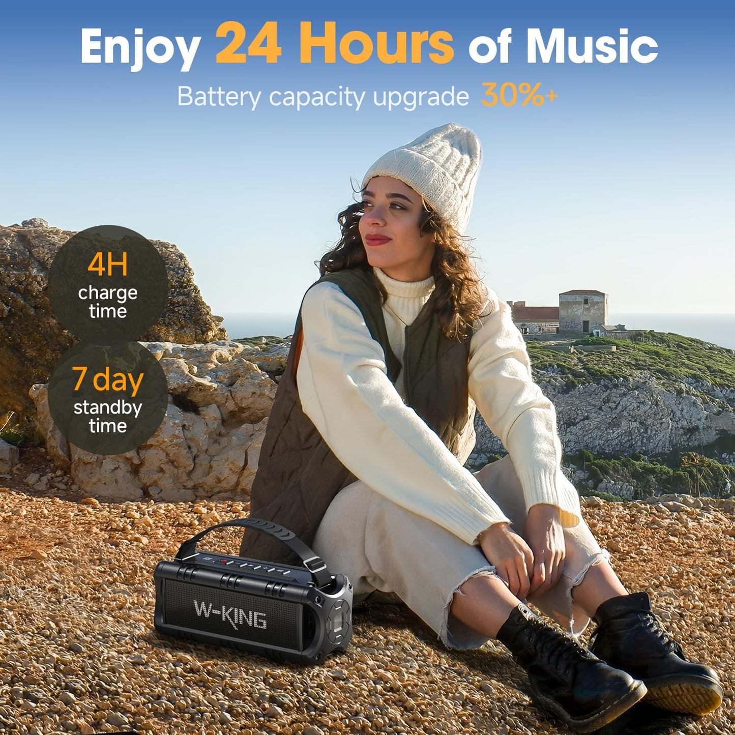D8 Mini, Bluetooth Speaker, W-KING (60W PEAK)30W IPX6 Waterproof Wireless Powerful Portable Outdoor Haut Parleur Speaker Boombox-Rich Bass, 24H Playtime, TF Card, USB Playback, AUX, EQ for Party, Camping, Trip