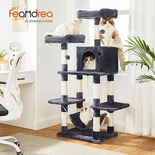 FEANDREA 59.3 Inch Cat Tree Condo with Scratching Post Kitty Tower Pet Playhouse, Smoky Gray UPCT85G