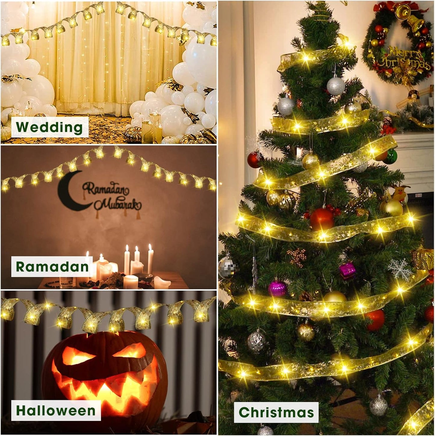 Christmas Tree Ribbon Lights Gold 32ft (2X16ft) 100 LED Lights Battery Powered Double Layer Copper Wire Ribbon Bows Fairy Strings Lights for Weddings New Year Christmas Tree Decorations