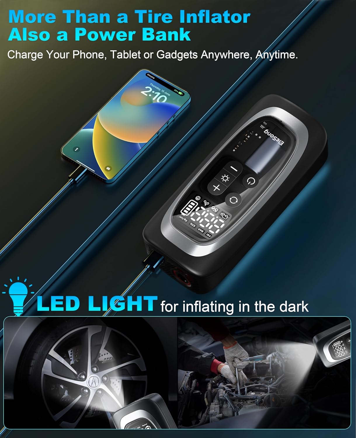 Electric Air Pump Battery Bicycle Pump 150 PSI Portable Battery Compressor 12 V 1800 mAh Rechargeable Air Pump Bicycle with LED Light, Electric Bicycle Pump for Car, E-Bike, Motorcycle