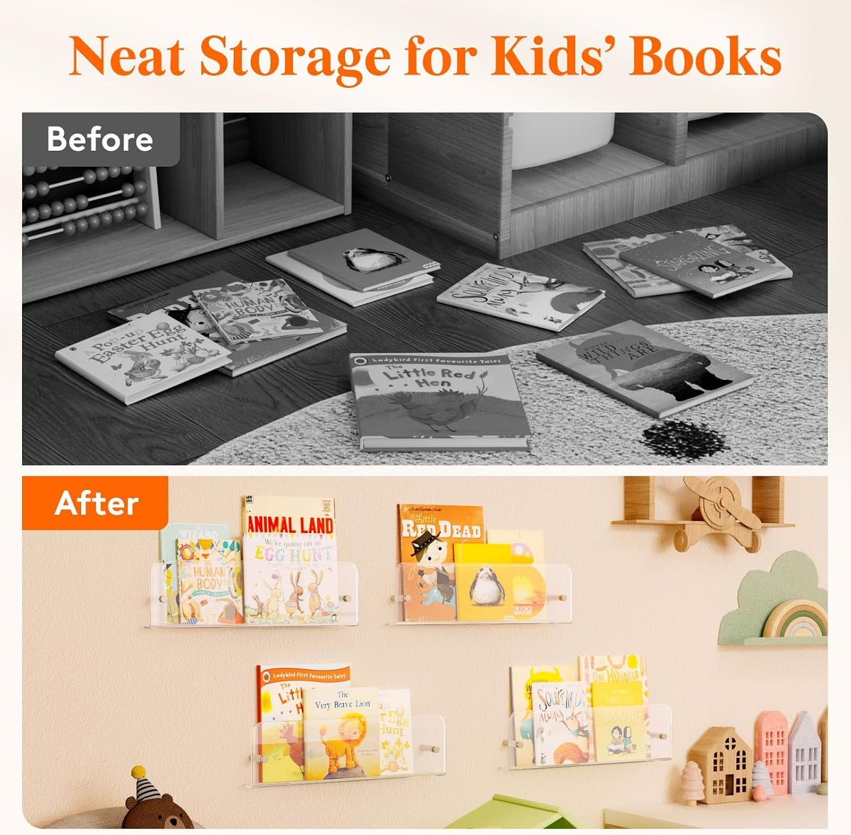 Magazine Rack Wall Mounted, 4 Pack 15" Nursery Bookshelf, Clear Acrylic Kids Floating Shelves Picture Hanging Racks for Baby/Toddler/Children in Bedroom, Living Room Decor