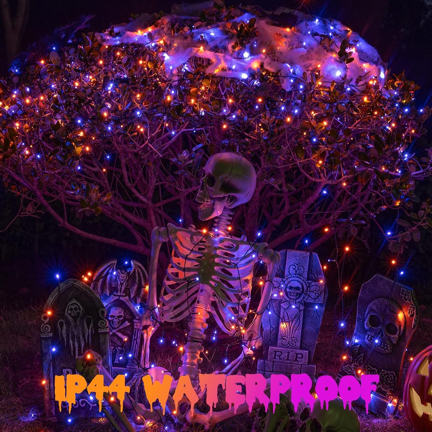 Halloween String Lights Outdoor with Music Sync Spooky Sounds 300 LED 114.8ft Indoor Fairy String Lights Waterproof Memory Function for Halloween Party Haunted House Decorations (Purple & Orange)