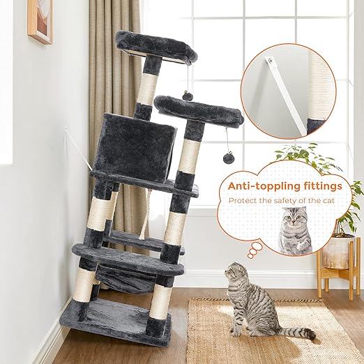FEANDREA 59.3 Inch Cat Tree Condo with Scratching Post Kitty Tower Pet Playhouse, Smoky Gray UPCT85G