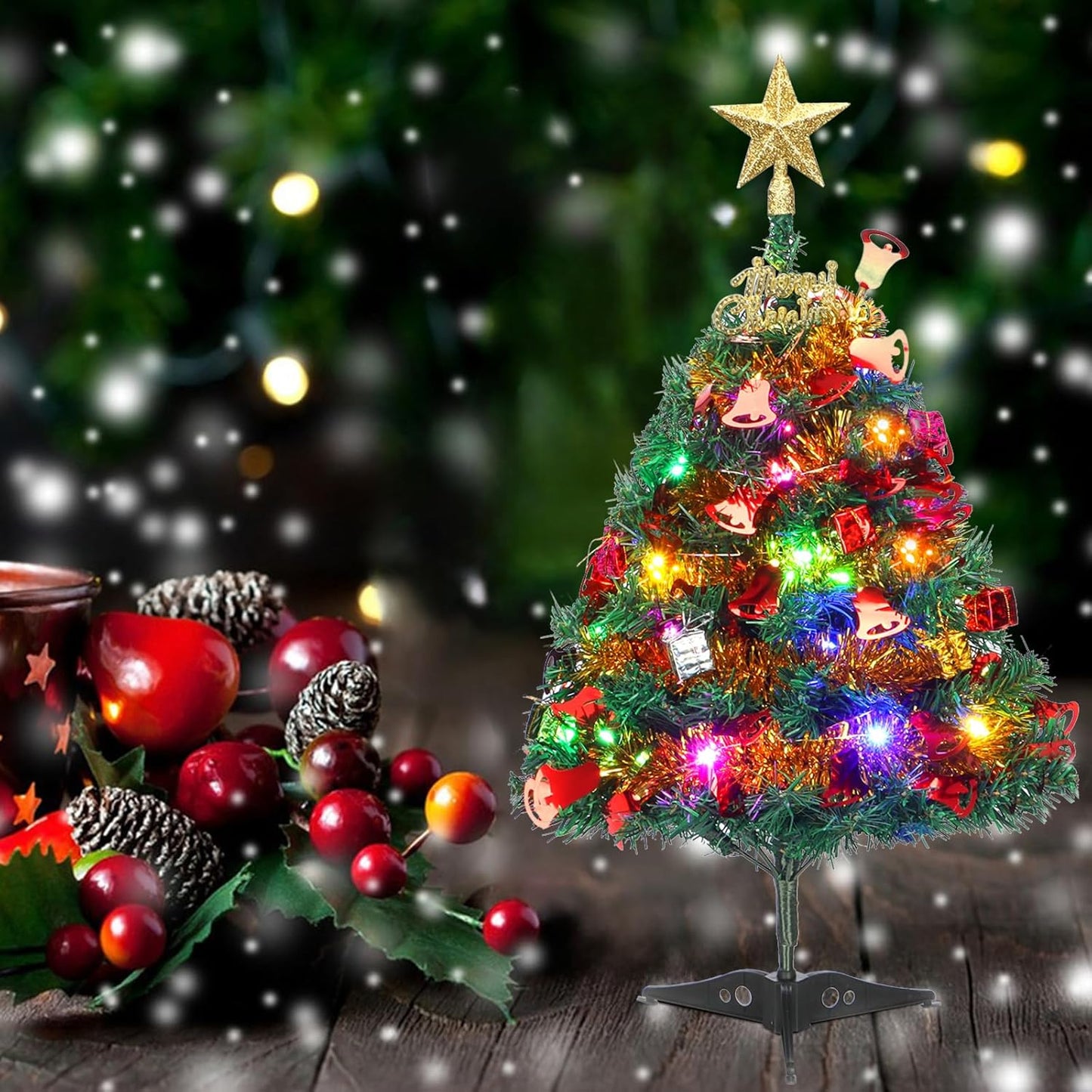 Mini Christmas Tree, 2ft Tabletop Christmas Tree Small Christmas Tree with Lights, Hanging Ornaments and Star Treetop, Christmas Decoration Tree Decor