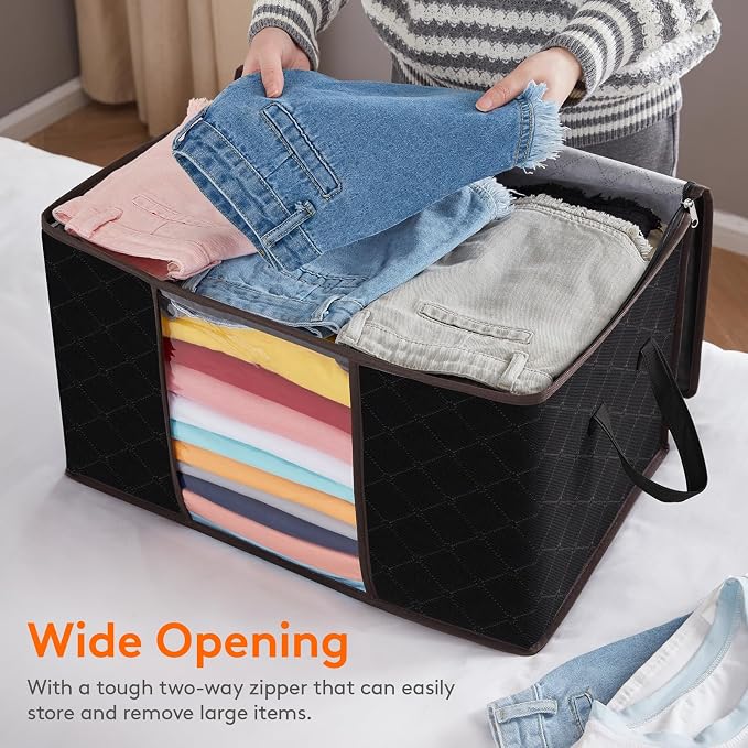 6 Pack Large Under Bed Storage, Underbed Storage Bags with 4 Handles, Foldable Underbed Storage Containers for Comforters, Blankets, Bedding, Sturdy Zipper, Clear Window, Black