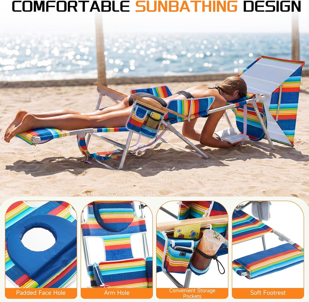 Backpack Camping Beach Lounge Tanning Chair with Canopy & Face Hole