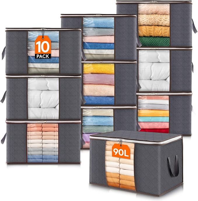 10 Pack,Grey，90L Large Capacity Clothes Storage Bag Organizer with Reinforced Handle Thick Fabric for Comforters, Blankets, Bedding, Foldable with Sturdy Zipper, Clear Window, 10 Pack,Grey