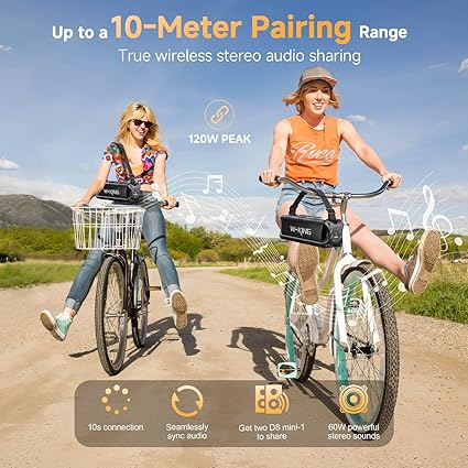 D8 Mini, Bluetooth Speaker, W-KING (60W PEAK)30W IPX6 Waterproof Wireless Powerful Portable Outdoor Haut Parleur Speaker Boombox-Rich Bass, 24H Playtime, TF Card, USB Playback, AUX, EQ for Party, Camping, Trip