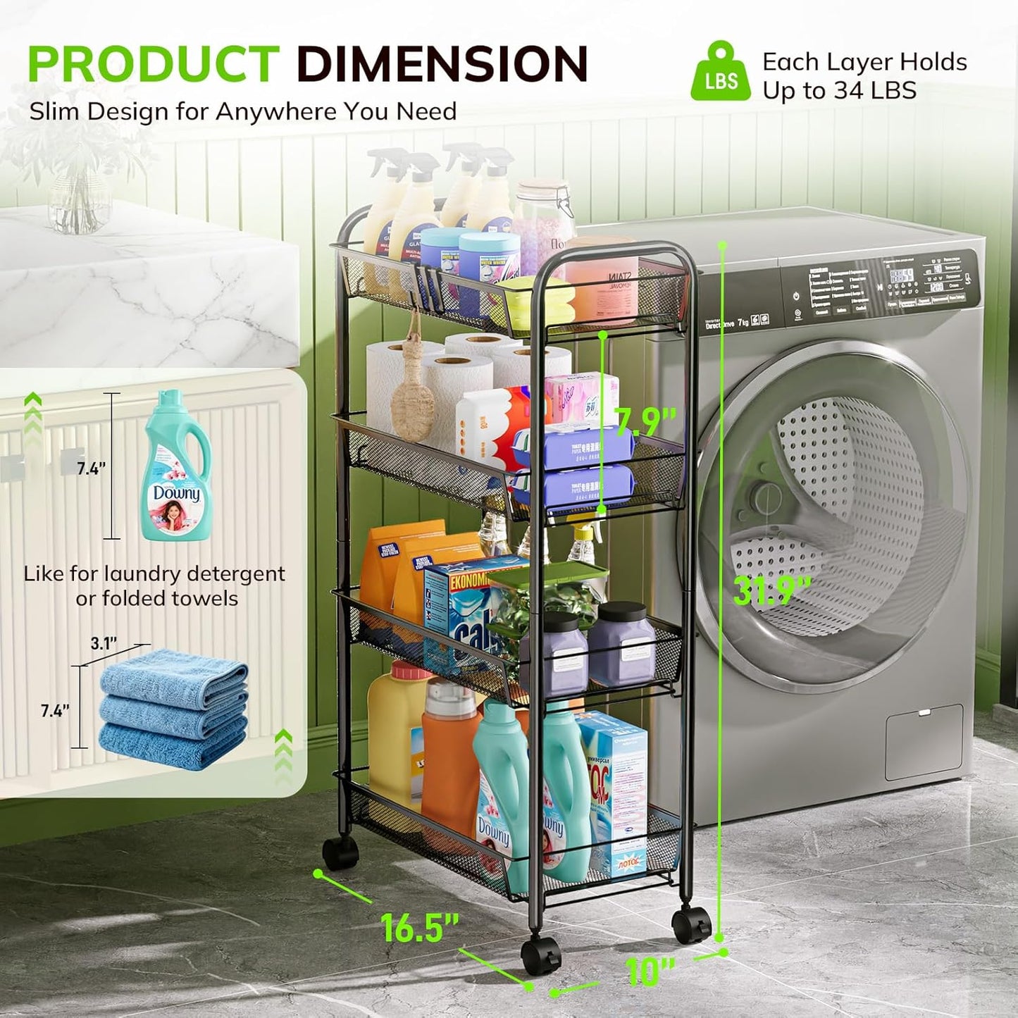 Goovilla 4-Tier Metal Rolling Cart, Mesh Wire Easy Assemble Utility Cart, Storage Trolley on Wheels with 4 Hooks, Metal Storage Shelving Units for Kitchen Bathroom Laundry Living Room, Black