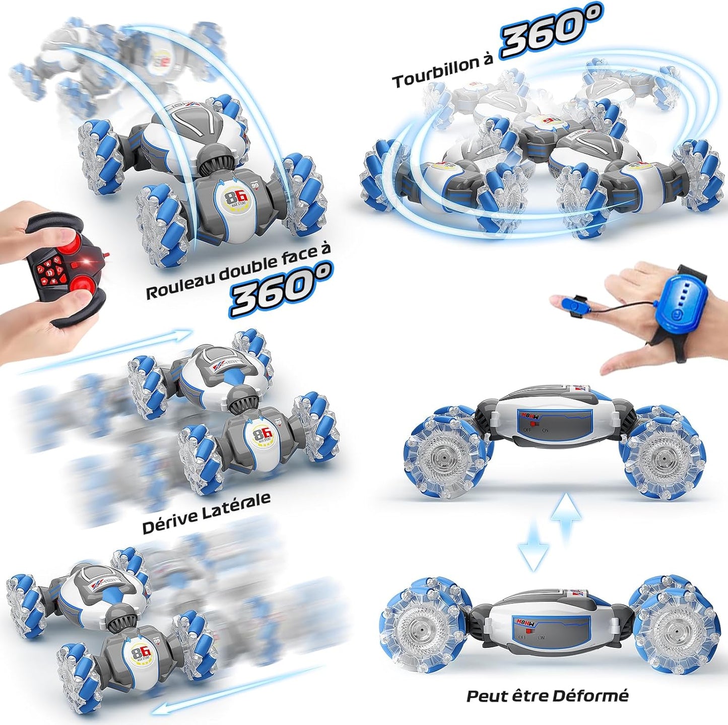 3-in-1 Remote Controlled Car from 6 7 8 9 10 Years, 2.4 GHz 4WD RC Car with Hand Control, Double-Sided Rotating Off-Road with Music and Light, Toy Christmas Gifts for Boys Girls