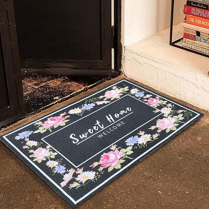 W&M Welcome Door Mat Waterproof Entrance Doormat Indoor and Outdoor Washable Entry Rug with Non Slip Rubber Backing Low Profile Floor Mat Easy Clean-Welcome Garden Design-Black/Beige